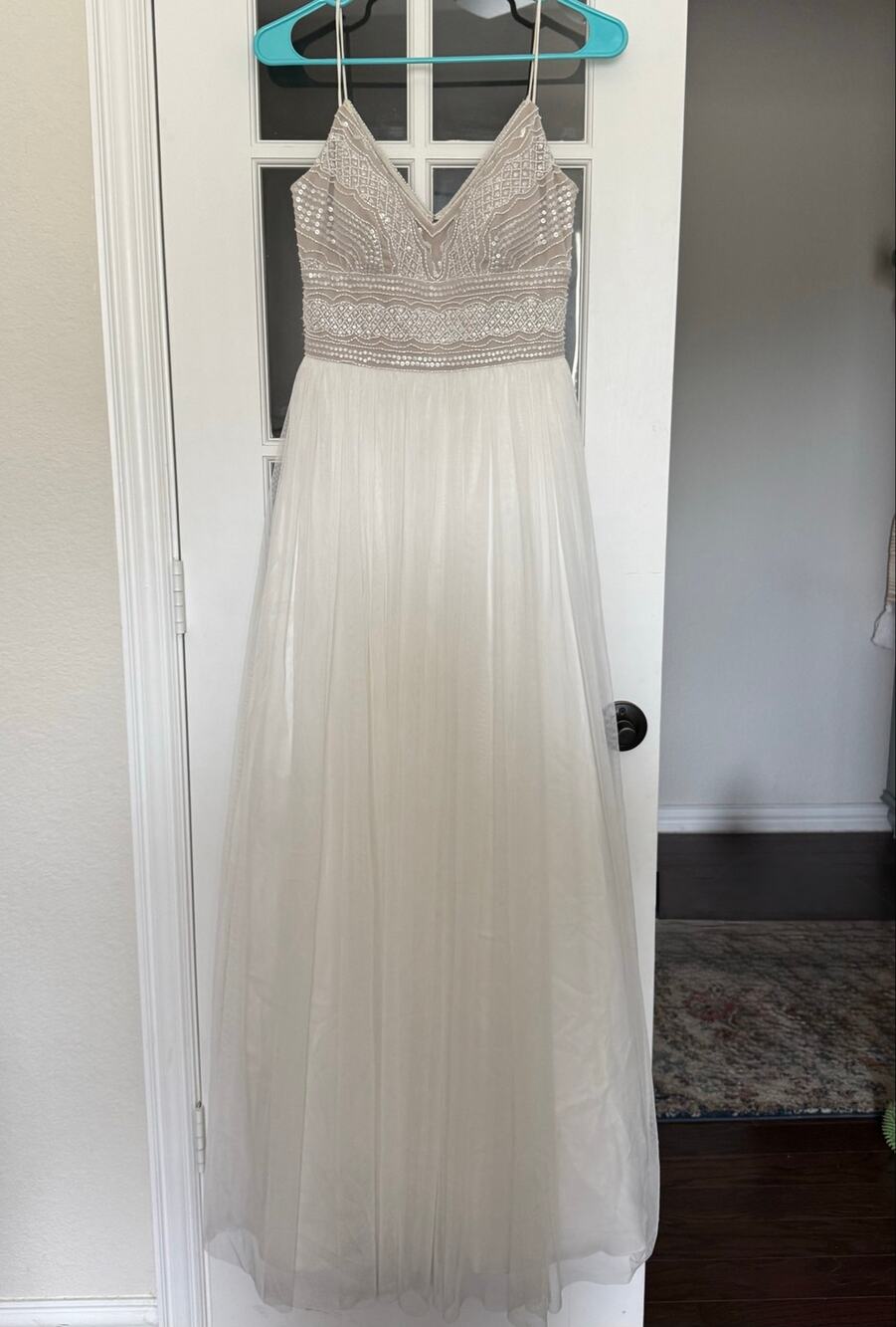 Adrianna Papell Beaded Tulle Maxi Gown Ivory Champagne Formal Nala Dress Size 0